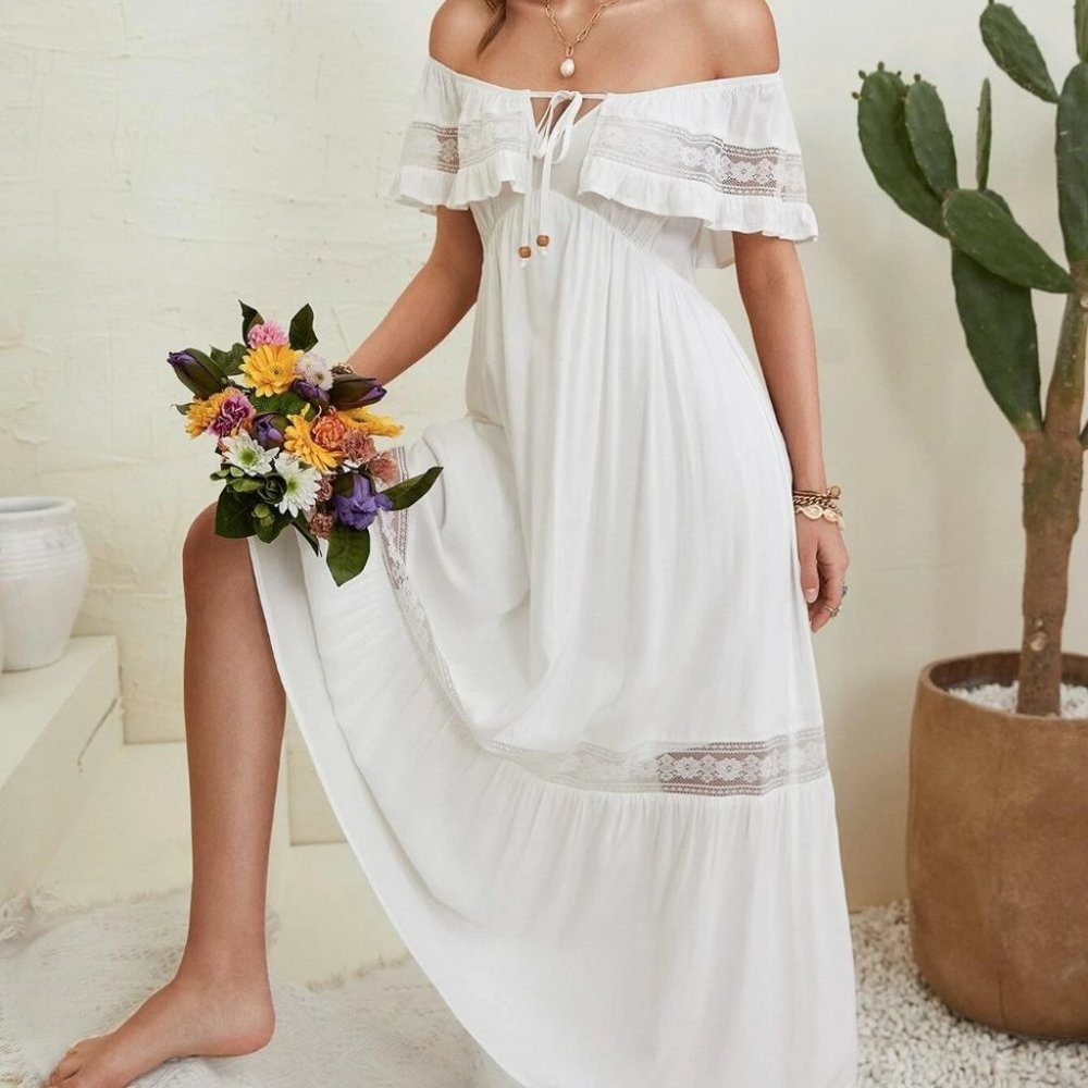 WHITE Tie Front Ruffle Trim Off Shoulder Dress - Picture 4 of 7